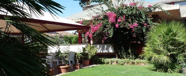 Un rigoglioso giardino verde con fiori rosa e una casa sullo sfondo