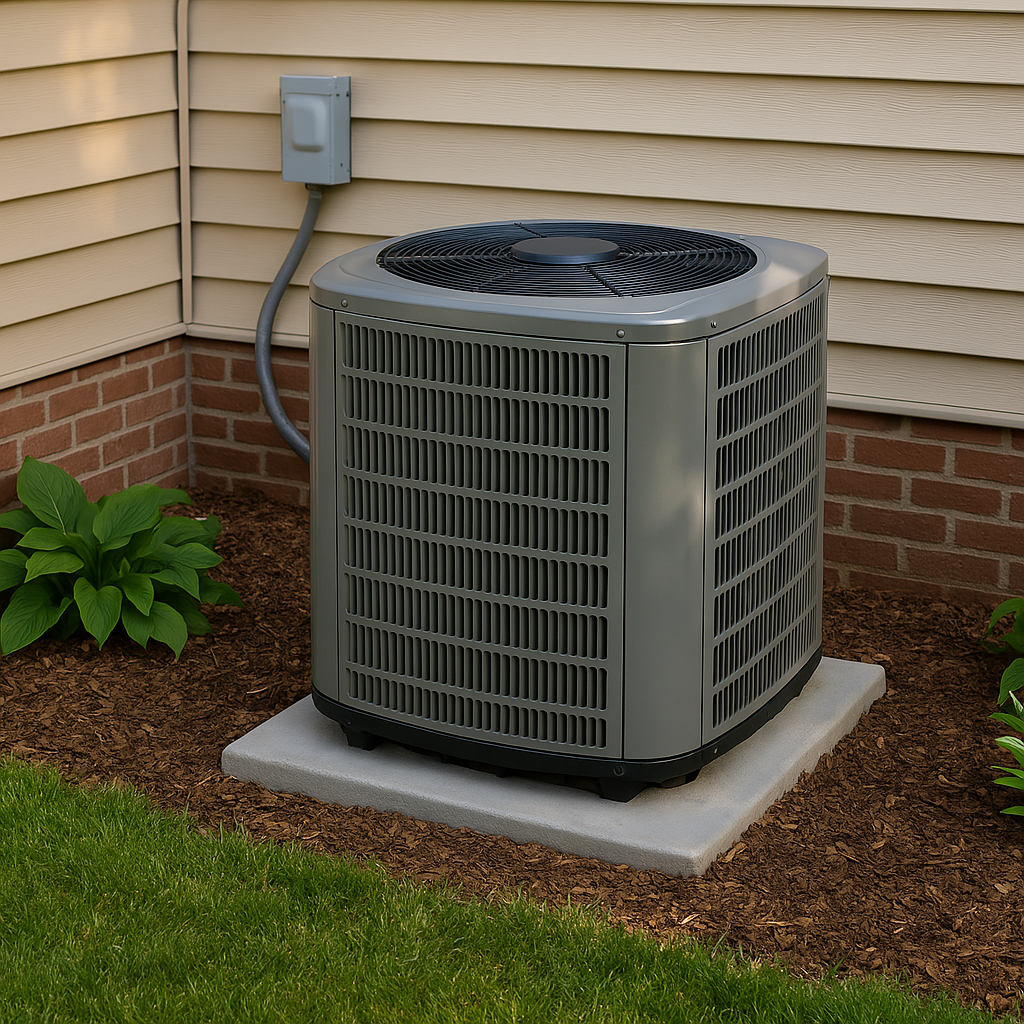 White air conditioner on a wall above a window with gray curtains; interior shot.