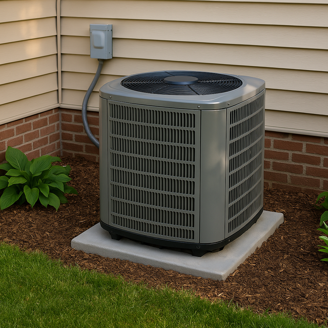 White air conditioner on a wall above a window with gray curtains; interior shot.
