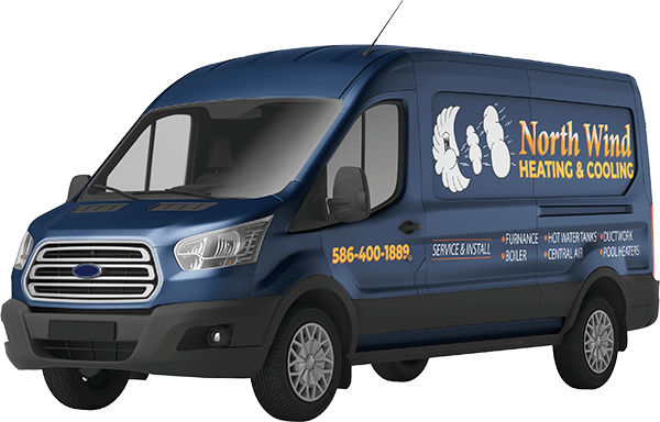 Blue North Wind Heating & Cooling van with company logo and phone number.