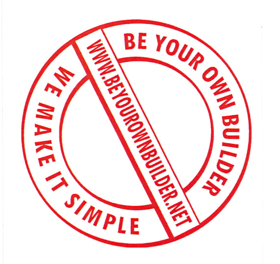 Red circular logo with "Be Your Own Builder" text. A diagonal line crosses the logo with text: "We make it simple."