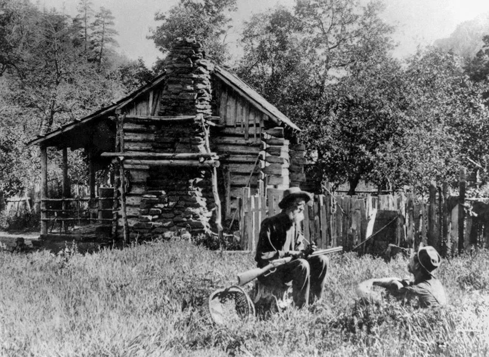 Log cabin in a field with a seated man and two dogs in the foreground