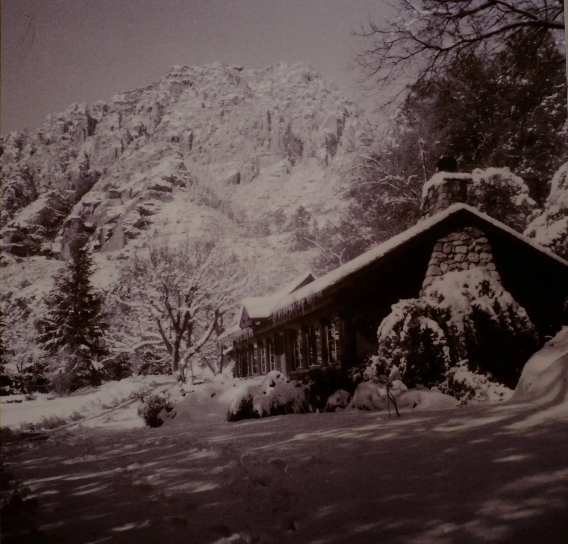 Snow-covered cabin in a wooded mountain landscape at dusk