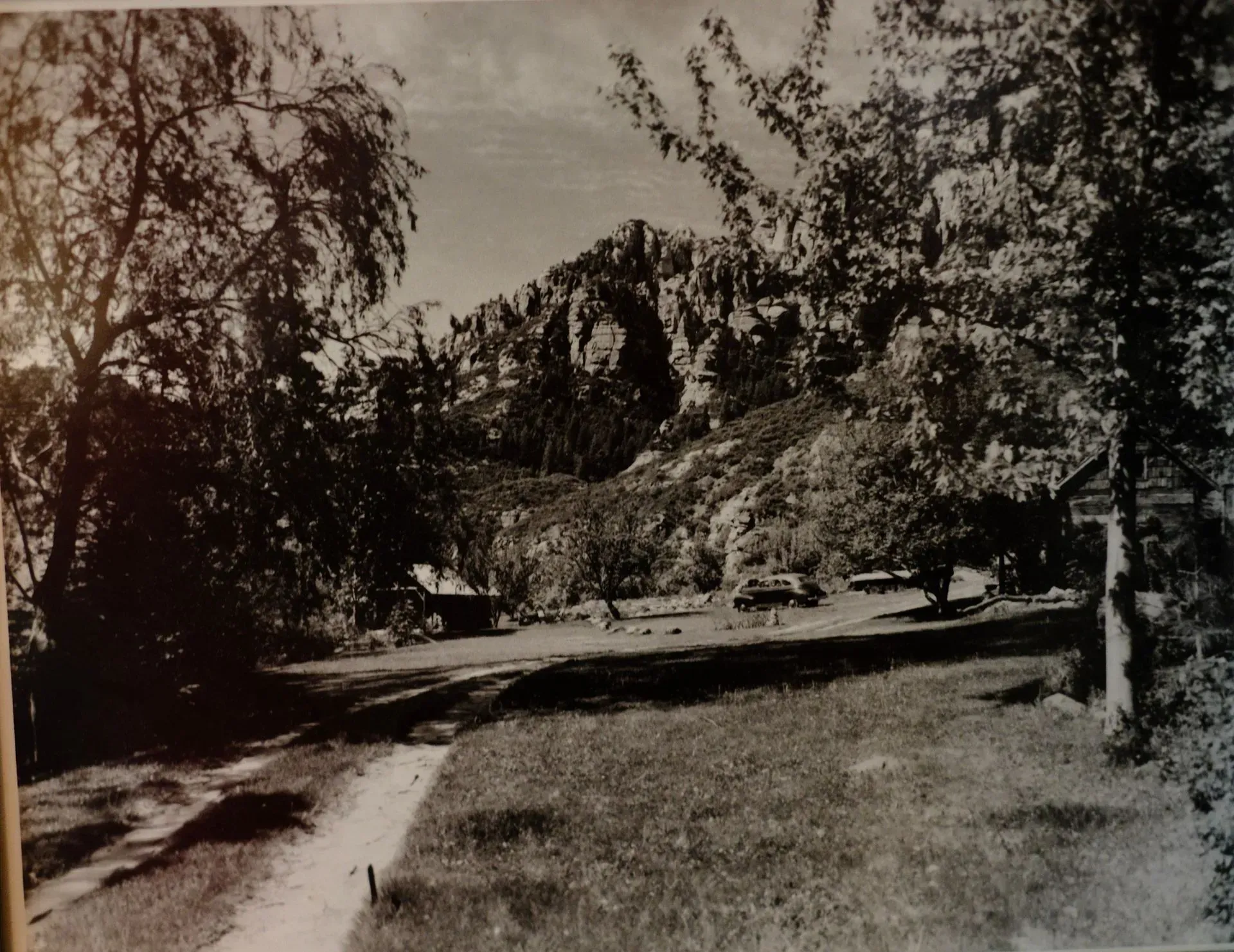 Tree-lined dirt path through a grassy park with mountains in the background.