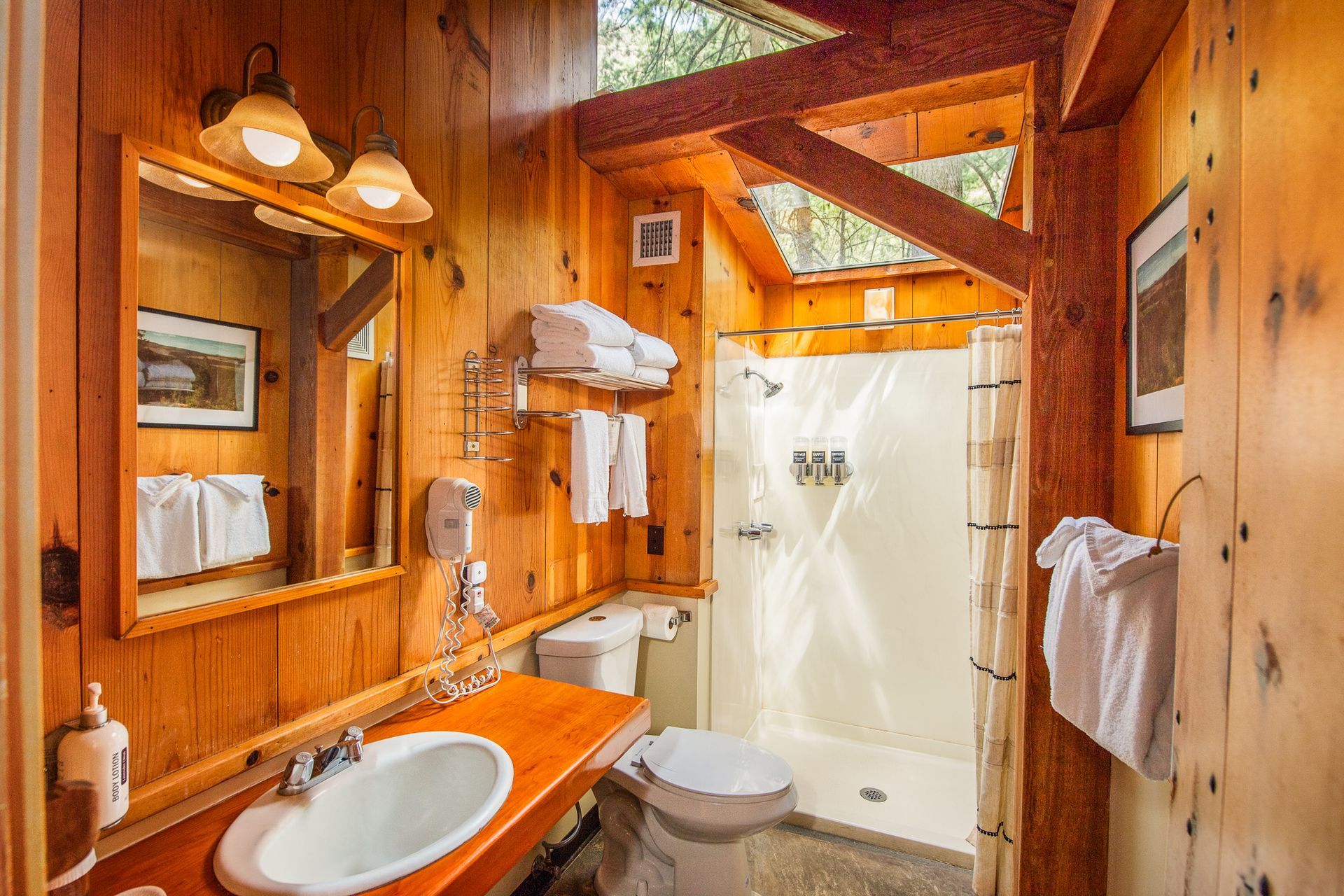 Rustic wood-paneled bathroom with sink, mirror, shower, and towel rack