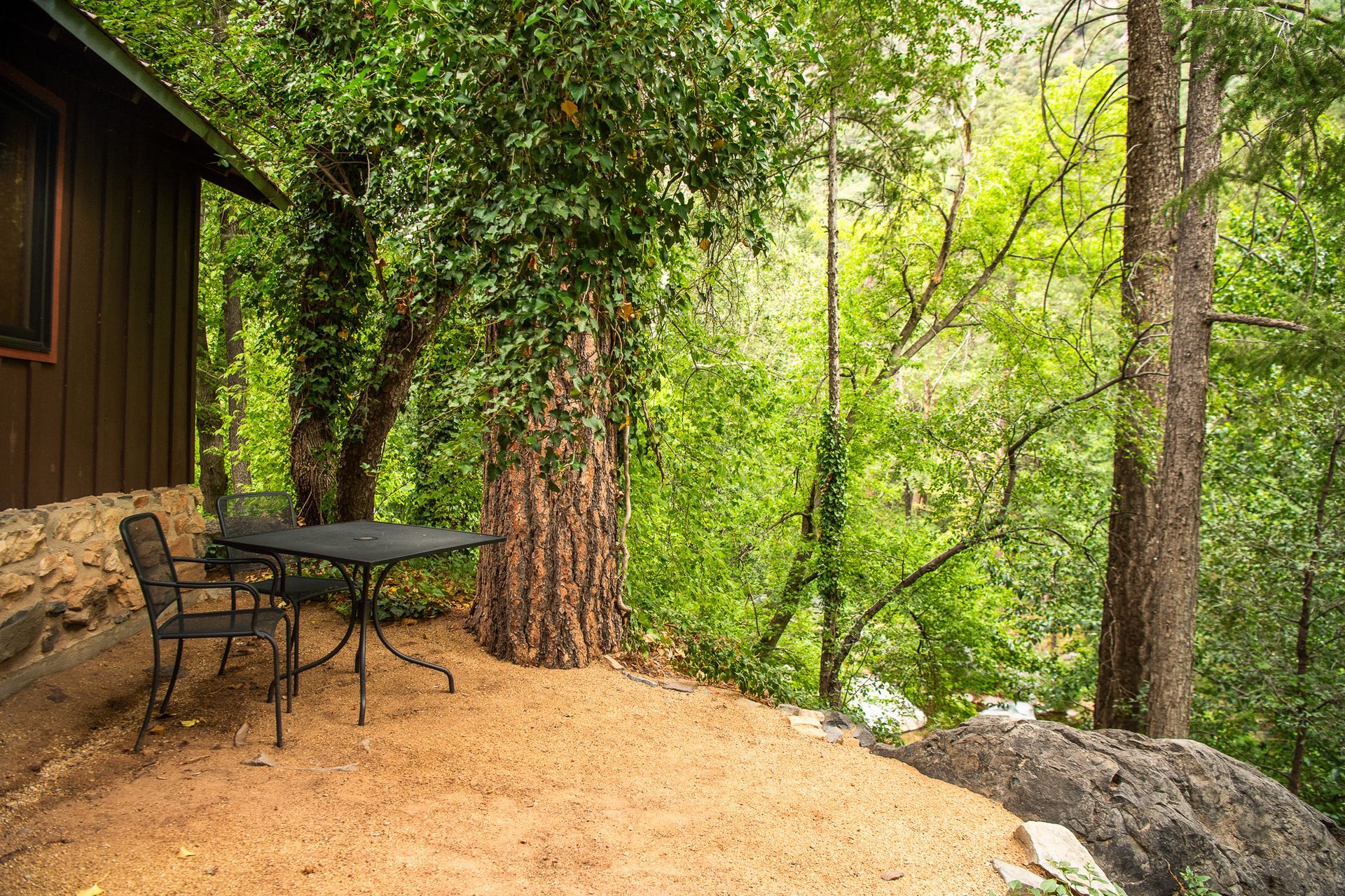 Patio table and chairs beside a wooden cabin in a leafy forest clearing
