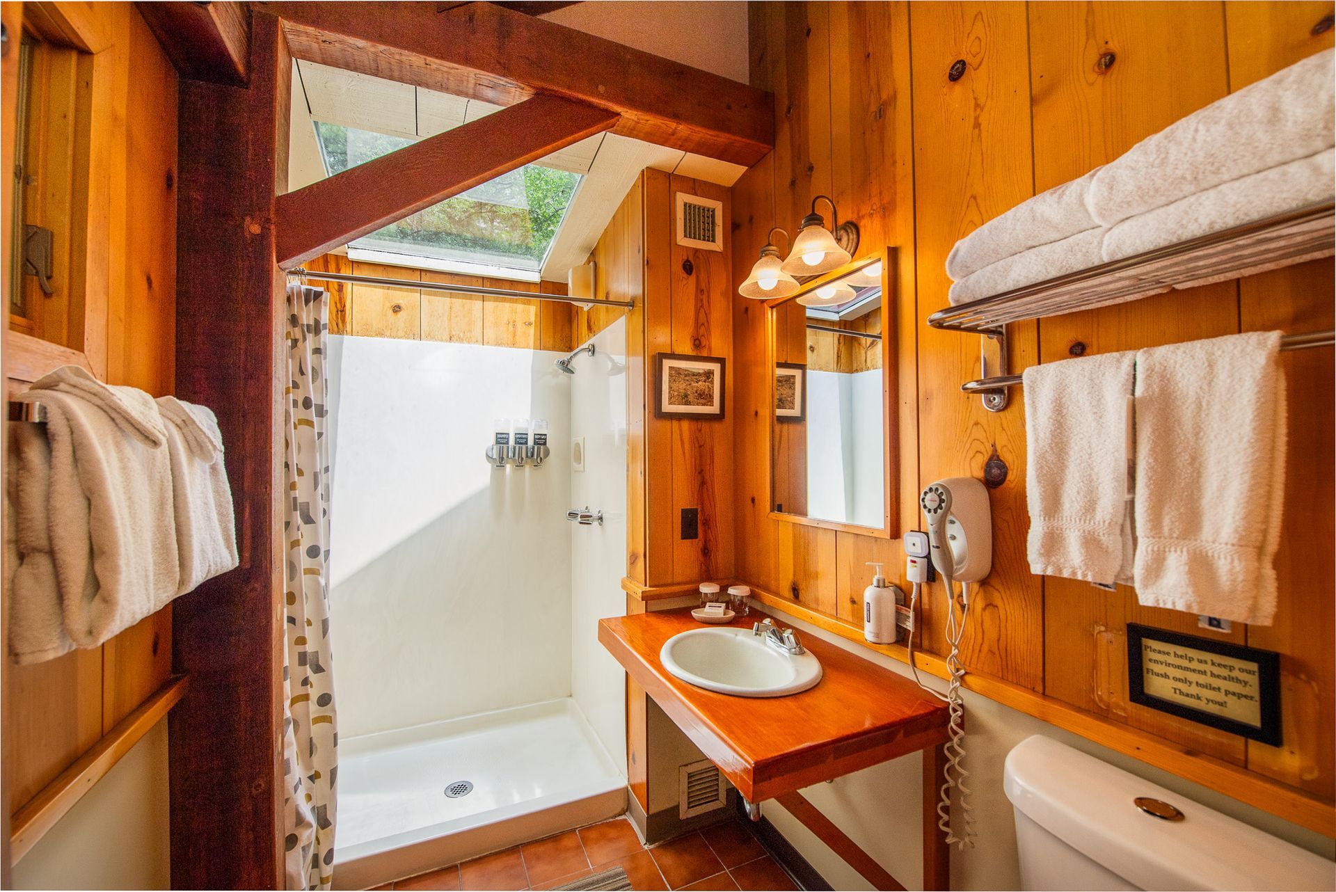 Warm wood-paneled bathroom with sink, mirror, toilet, and glass shower stall