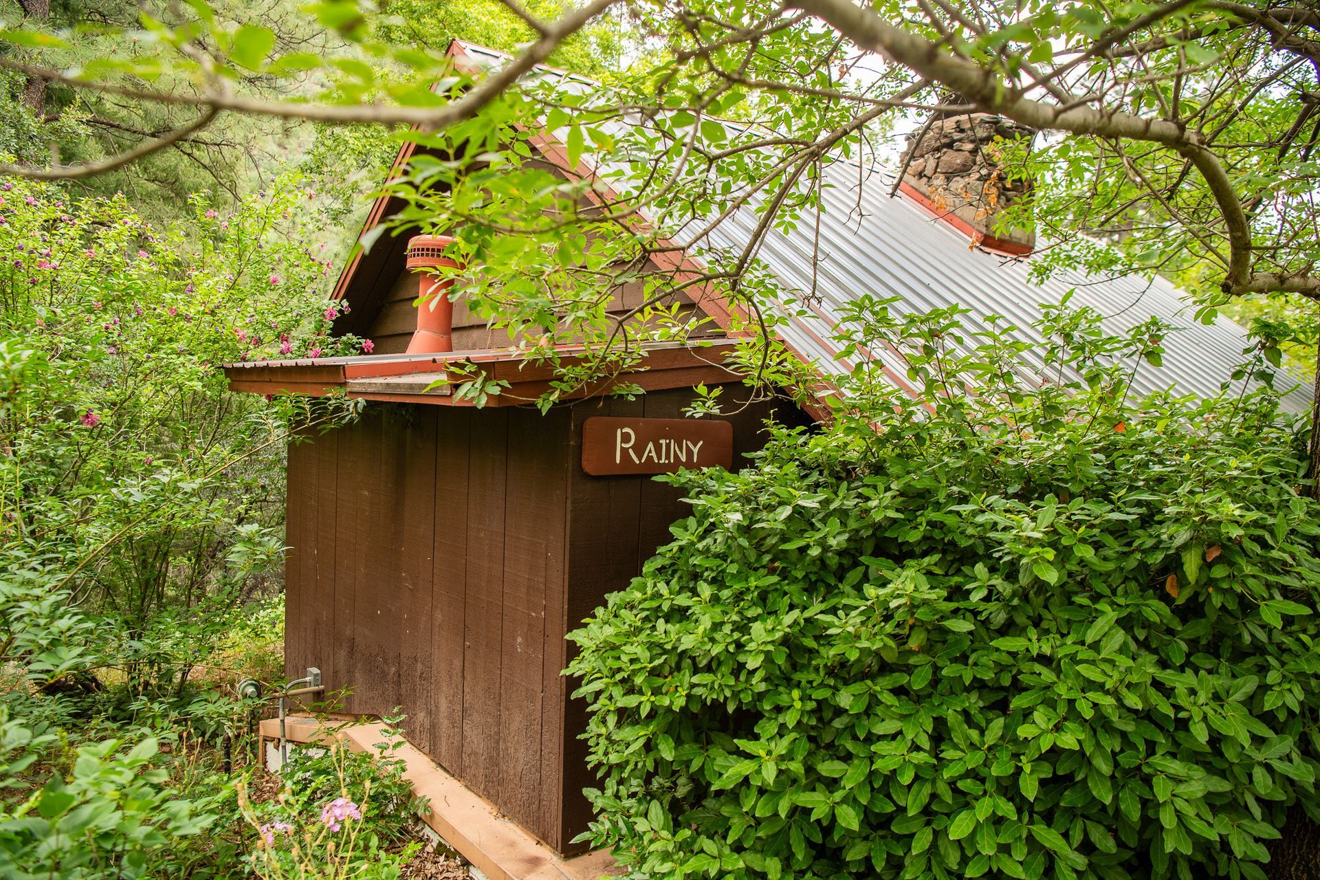 Rustic wooden house partly hidden by lush green bushes and tree branches, with a tiled roof.