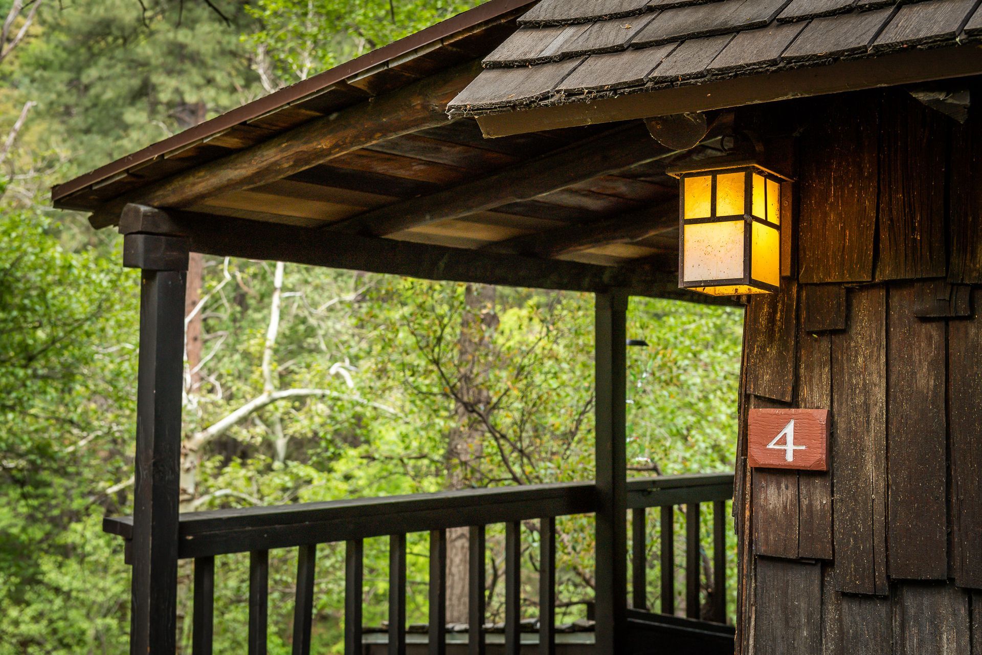 Rustic cabin porch with glowing lantern and number 4, surrounded by green trees