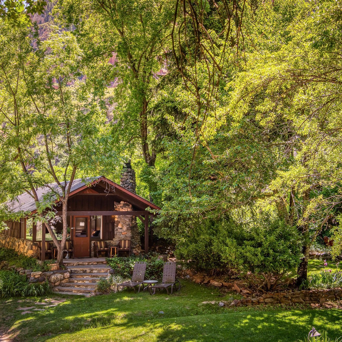 Rustic cabin in a lush green garden under tall trees, with a stone path and shaded porch