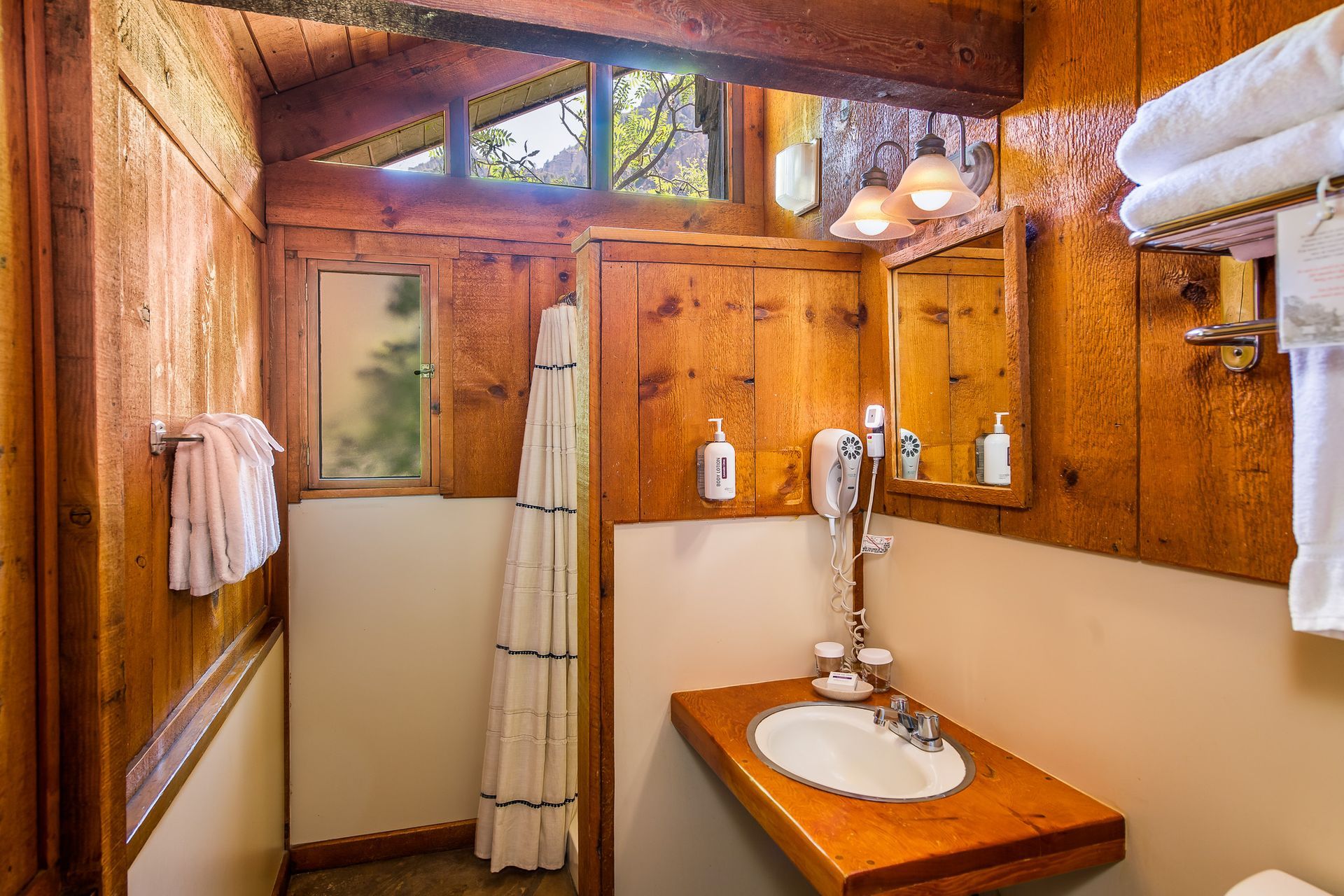 Wood-paneled rustic bathroom with sink, mirror, shower curtain, and window light