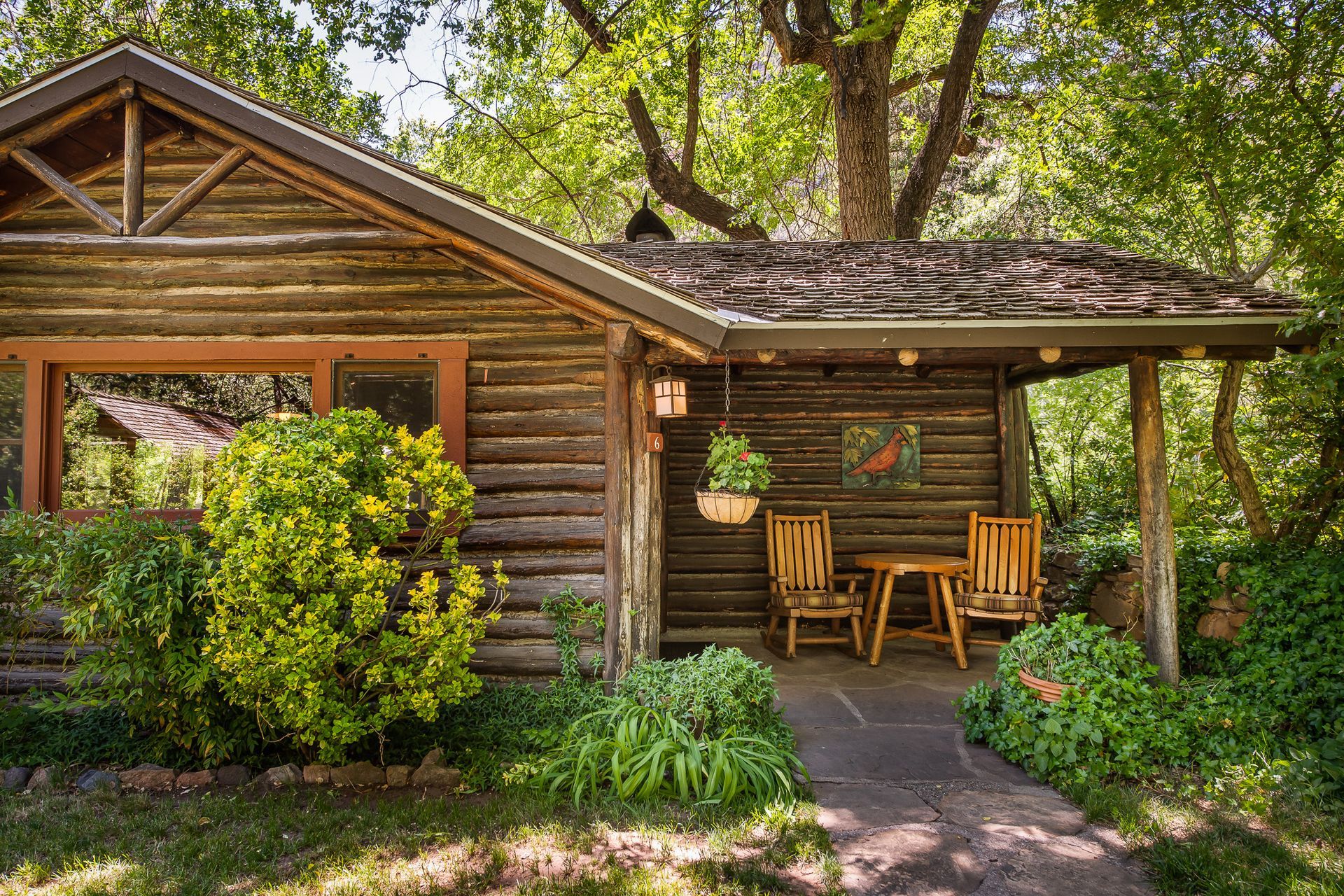 Cozy rustic cabin porch with wooden chairs, hanging plants, and lush green garden surroundings