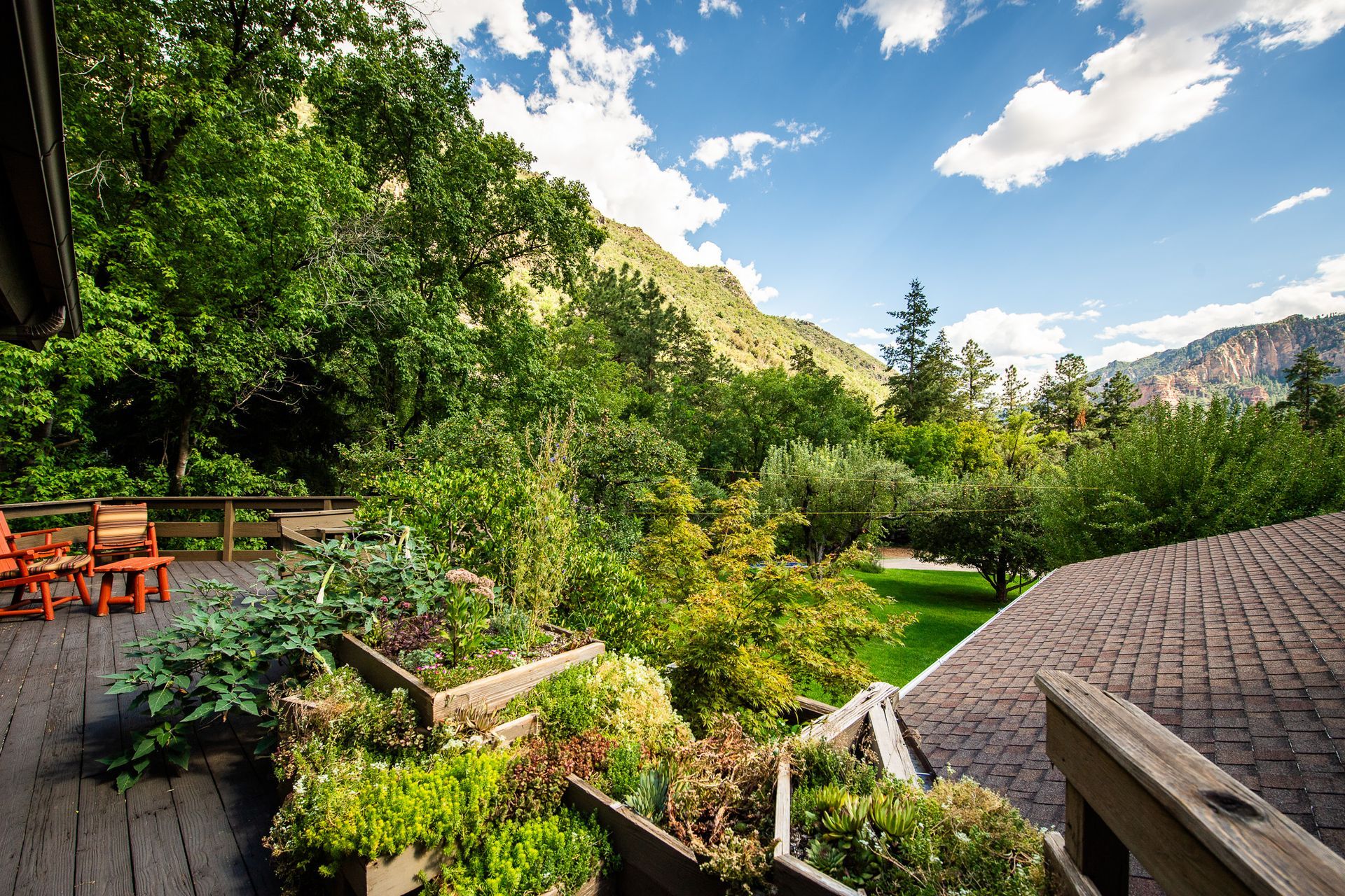 Sunny garden patio with orange chairs, lush greenery, and mountain views under a blue sky