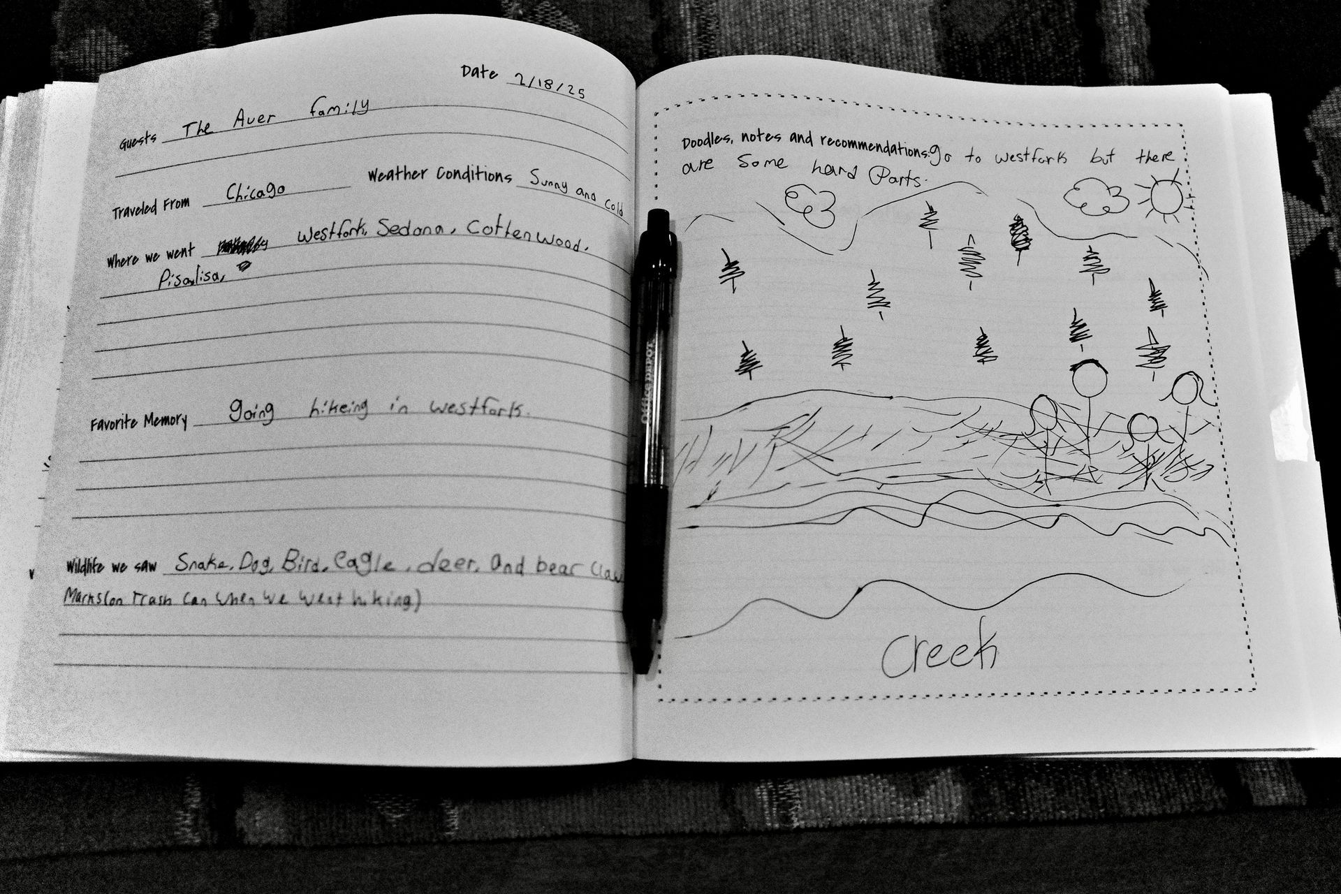 An open notebook with handwritten notes and sketches on both pages, resting on a textured surface.