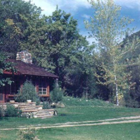 Small rustic cabin with stone chimney beside a grassy yard and trees under a blue sky