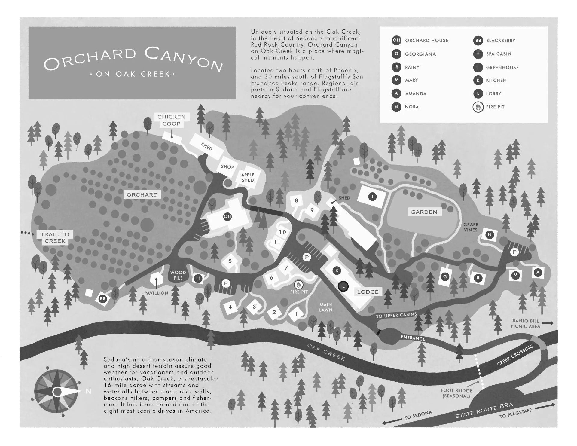 Black-and-white illustrated park map with trails, landmarks, trees, and a legend.