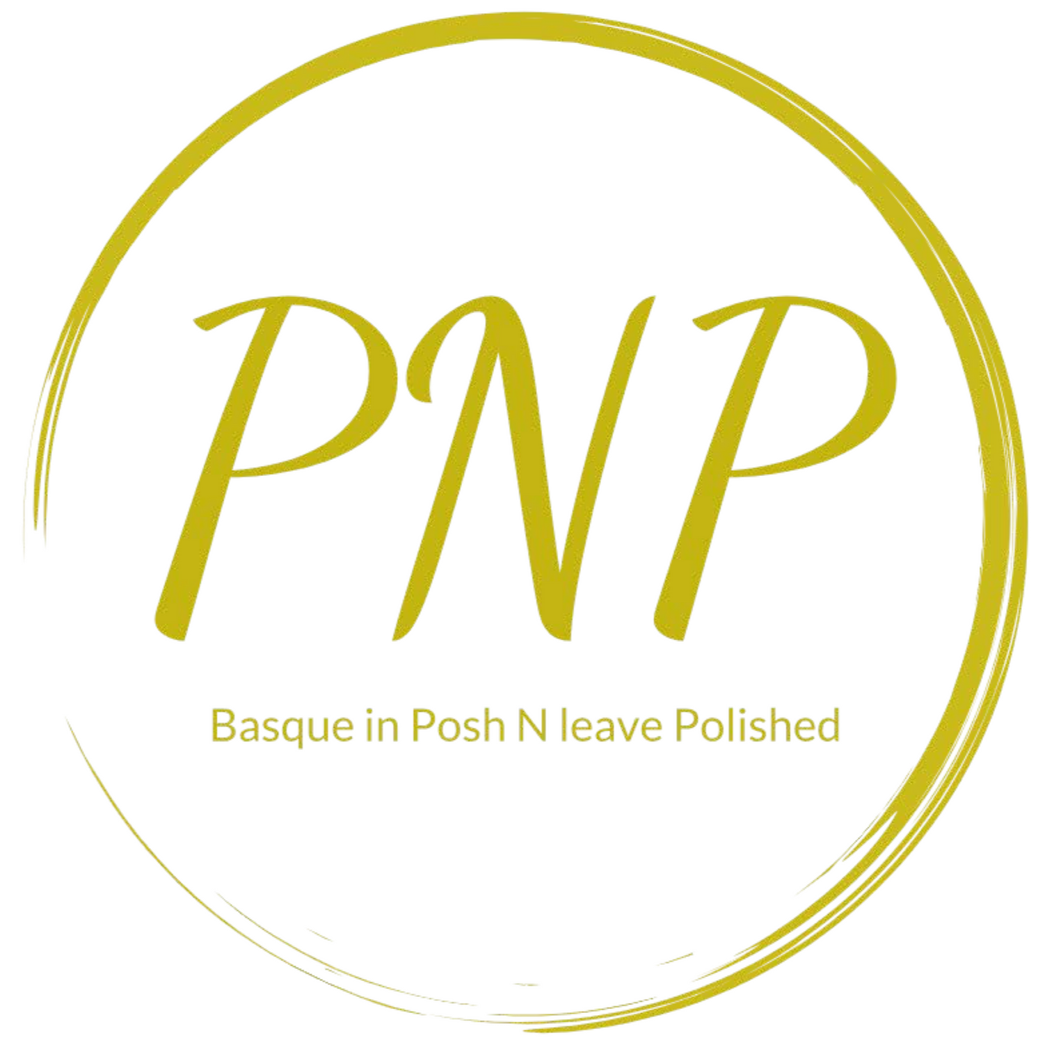 Gold circular PNP logo with “Basque in Posh N leave Polished” text on white background