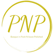 Gold circular logo with “PNP” and the tagline “Basque in Posh N leave Polished”