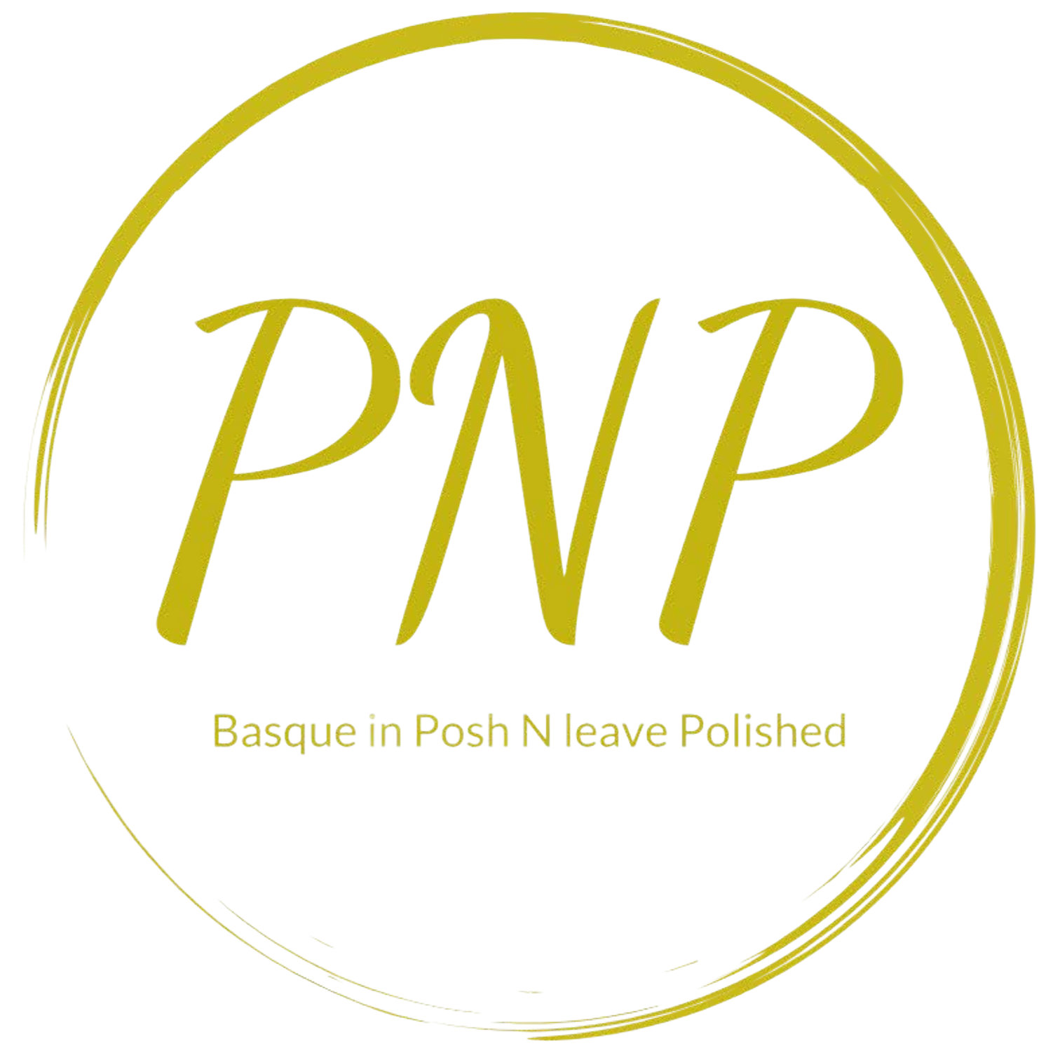 Gold circular logo with “PNP” and the tagline “Basque in Posh N leave Polished”