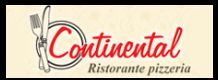 Logo della pizzeria Continental Ristorante con testo in corsivo rosso e grafica di forchetta e cucchiaio su sfondo beige.
