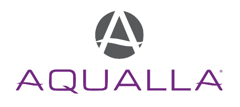 AQUALLA logo with a gray circular emblem and purple wordmark on a white background