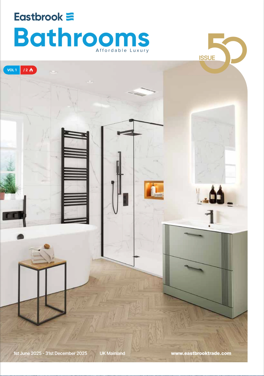 Bathroom showroom with white tiled shower, sage vanity, towel rack, and freestanding basin sink