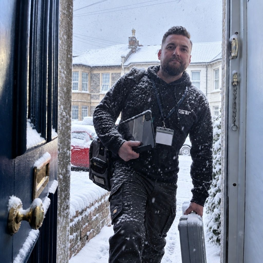 Man in a black jacket carrying a folder walks up to a doorway from outside.