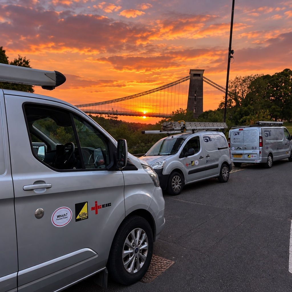 Silver service vans parked near the suspension bridge in a city street.