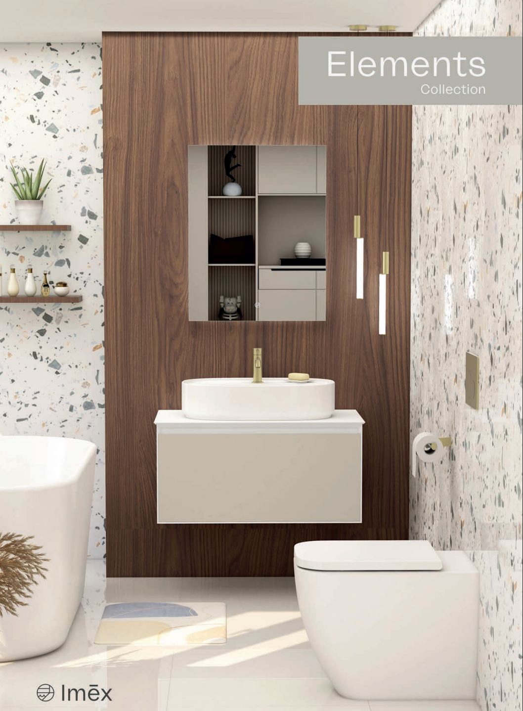 Modern bathroom with wood wall, white floating sink, toilet, and mirrored storage cabinet