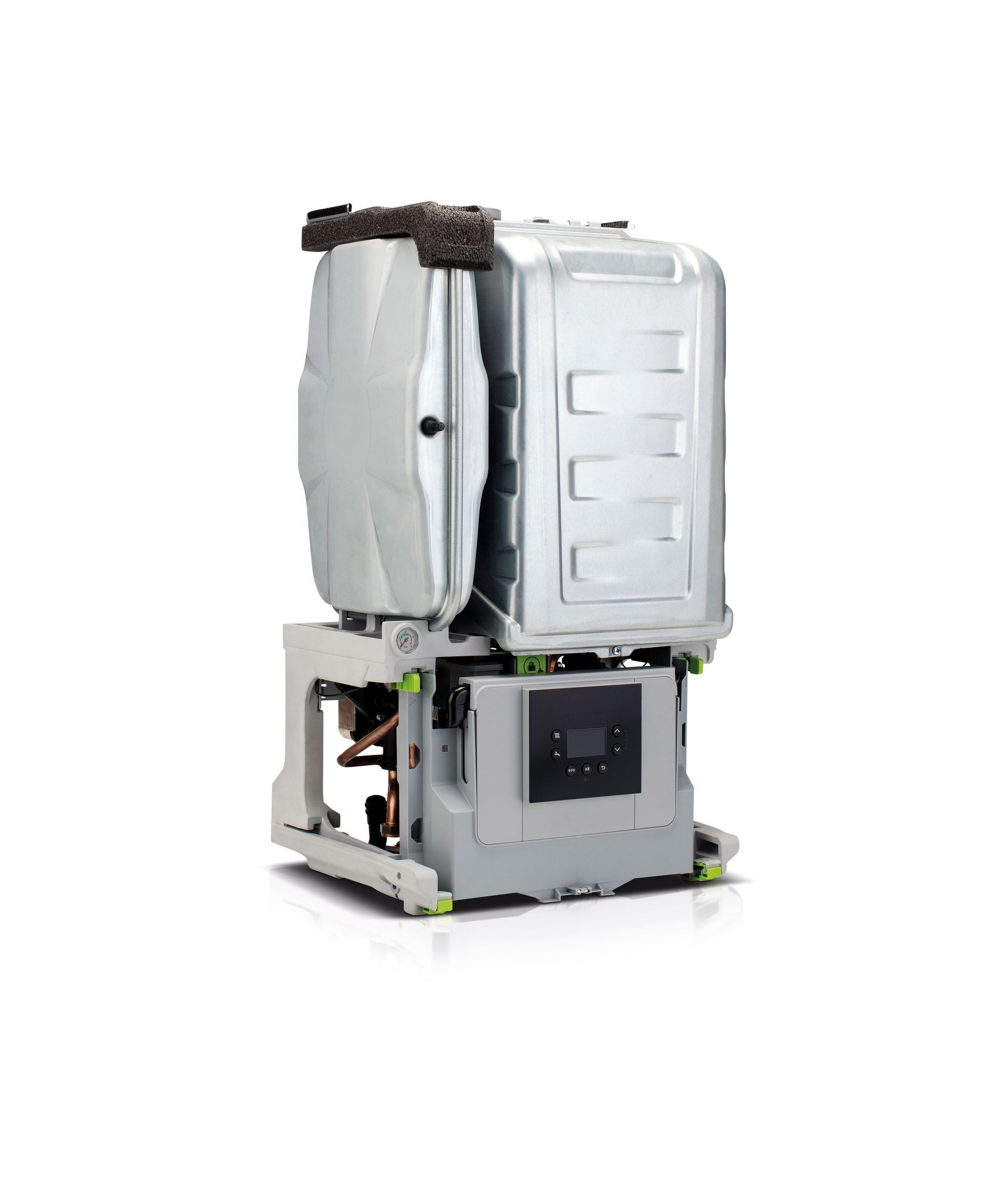 White industrial machine with a gray base and black control panel on a white background