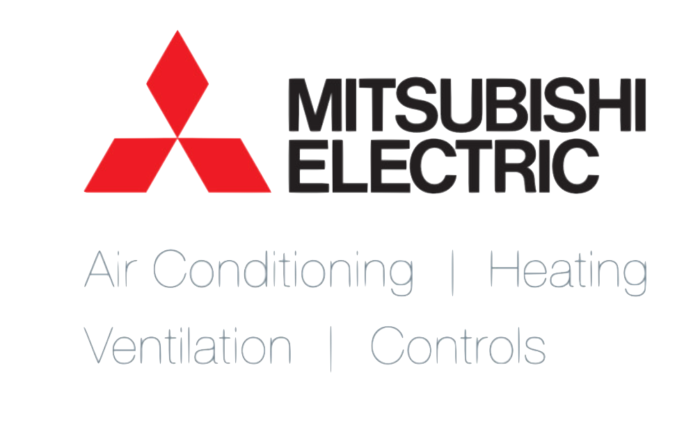 Mitsubishi Electric logo with red emblem and text for air conditioning, heating, ventilation, and controls