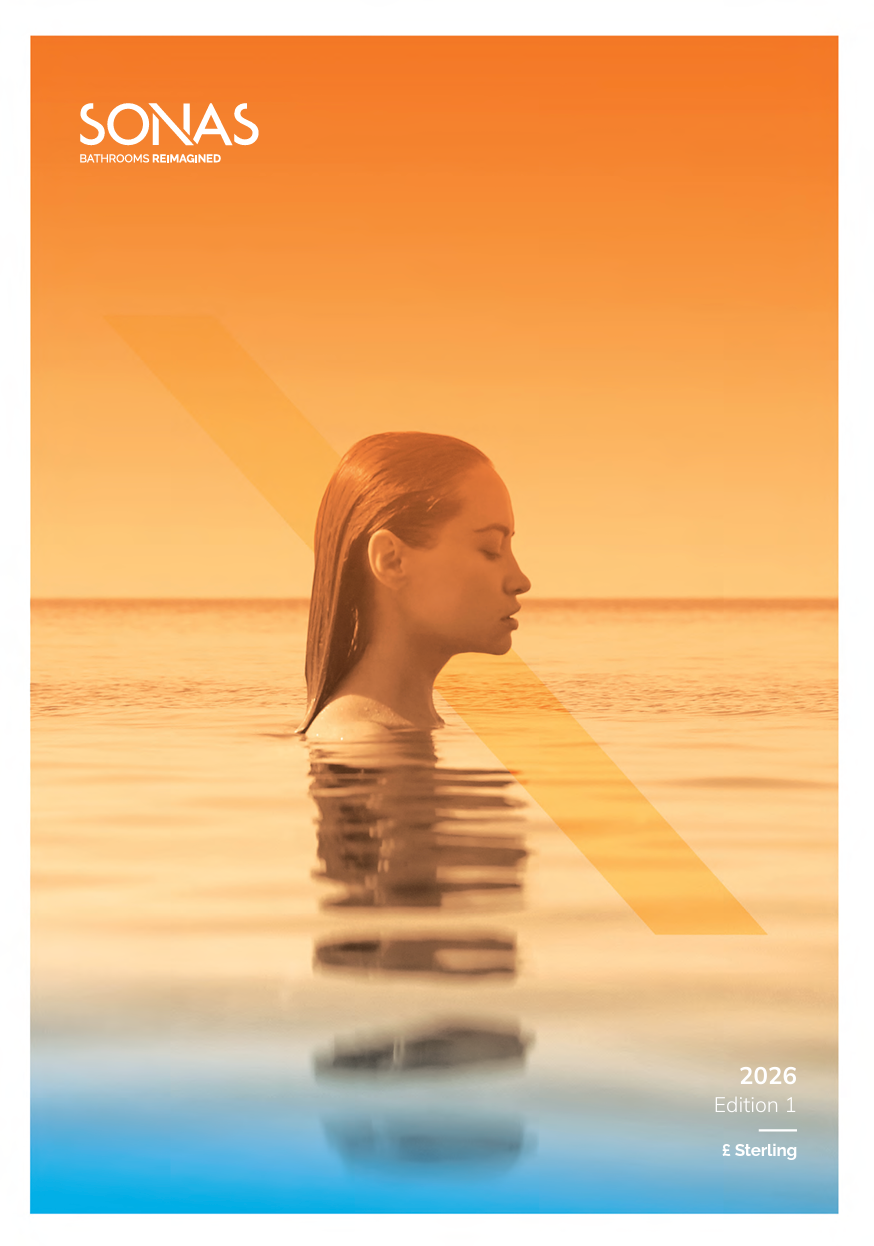 SONAS poster with a woman in calm water at sunset, warm orange tones and a serene horizon.