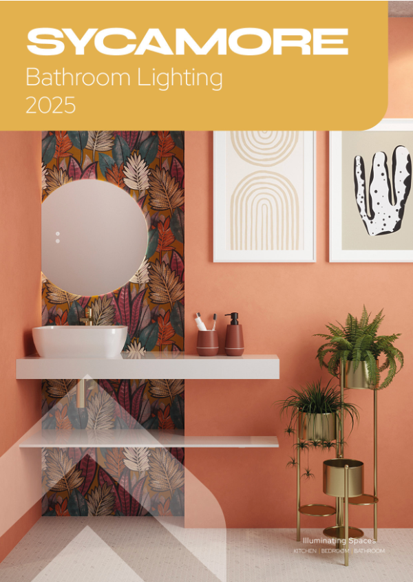 Sycamore bathroom lighting catalog cover with vanity, mirror, framed art, and warm peach walls