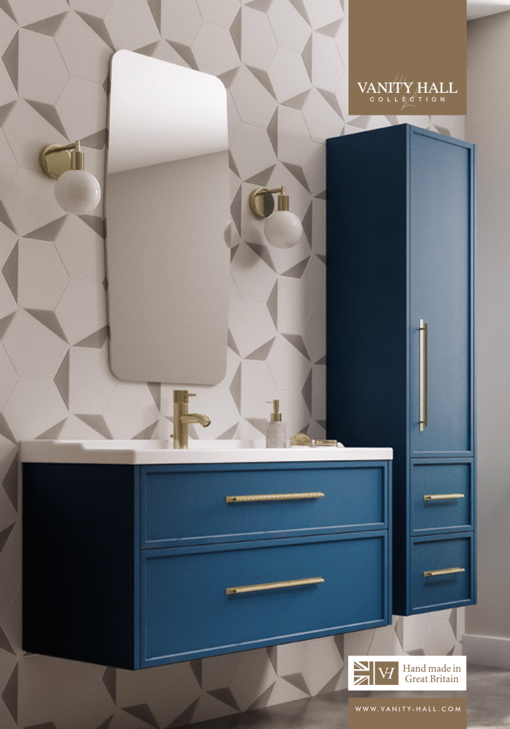 Blue vanity cabinet with matching tall storage unit and mirror in a modern bathroom display