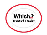 Red oval logo with black text “Which? Trusted Trader” on a white background