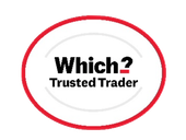 Red oval logo with black text “Which? Trusted Trader” on a white background