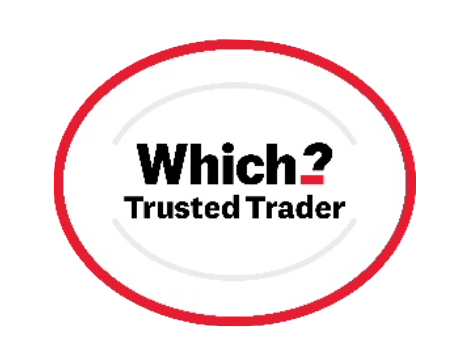 Red oval logo with black text “Which? Trusted Trader” on a white background