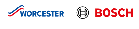 Worcester Bosch logo in red and blue with black Bosch emblem on white background