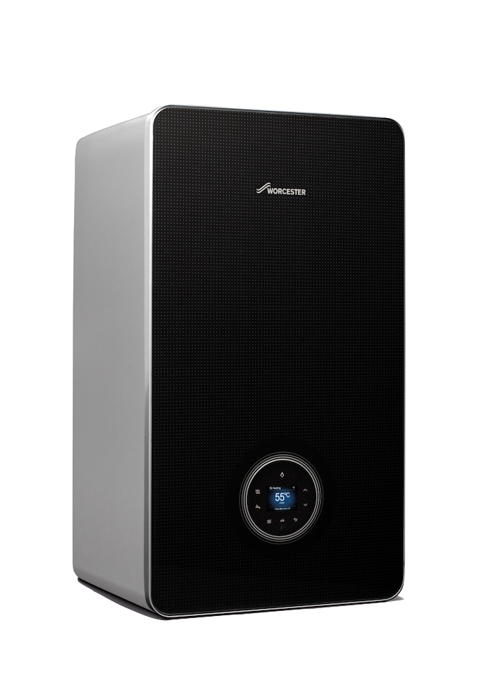 Black and silver wall-mounted boiler or water heater with a round digital control panel