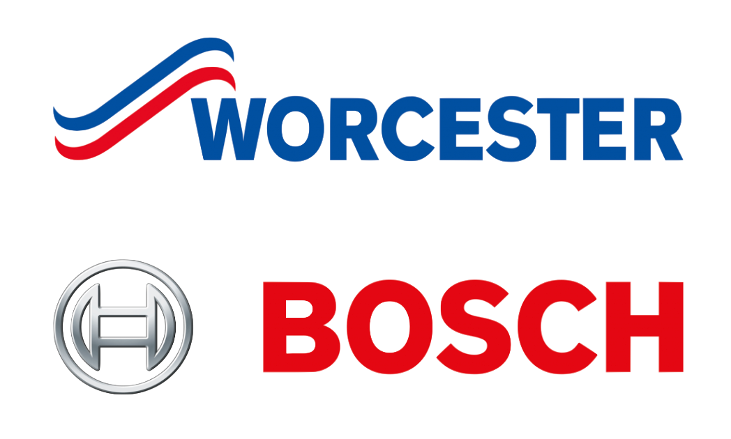 Worcester Bosch logos in blue, red, and silver on a white background