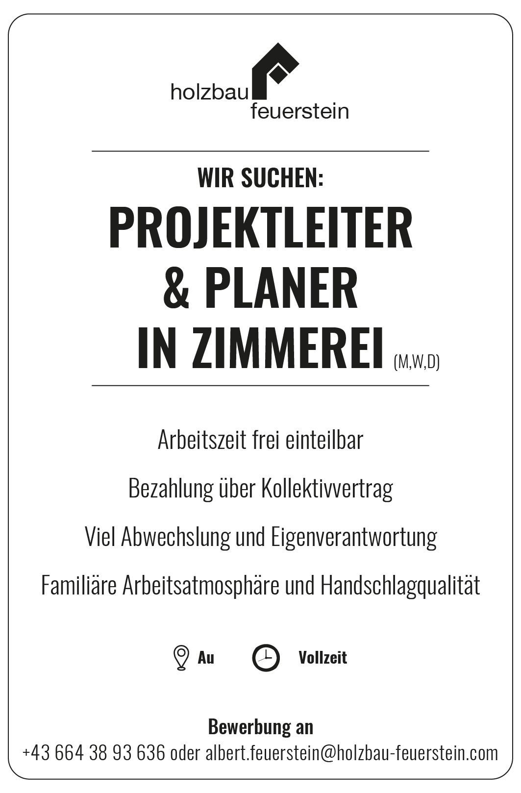 Eine schwarz-weiße Anzeige für einen Projektleiter und Planer in Zimmerei.