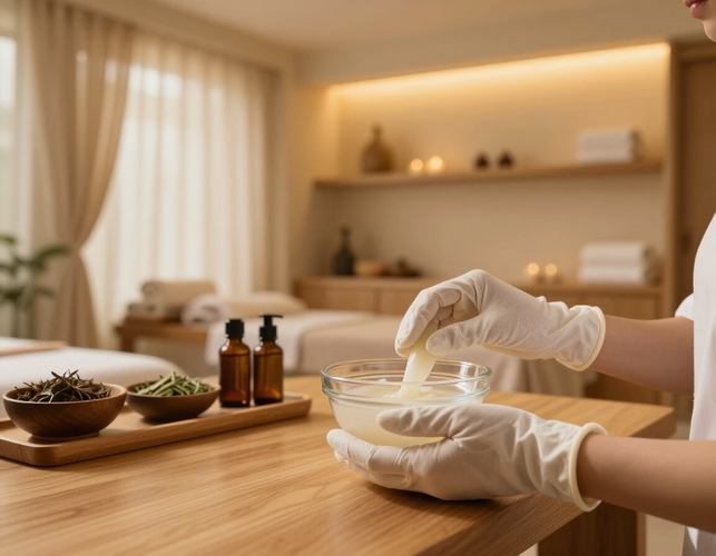 Therapist's hands preparing a treatment in a warm-toned spa interior