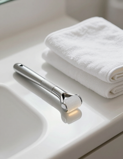 Close-up skincare tool resting on a clean spa counter with soft linens