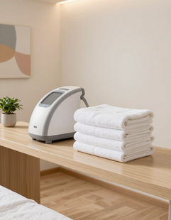 Serene treatment room with laser device and soft towel styling