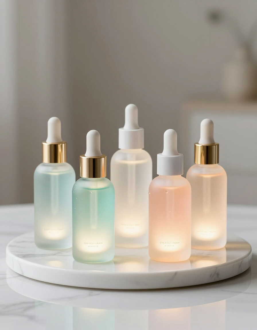 Glowing skincare serums and peel solutions arranged on a marble tray