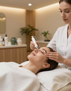 Client mid-facial treatment under warm ambient light