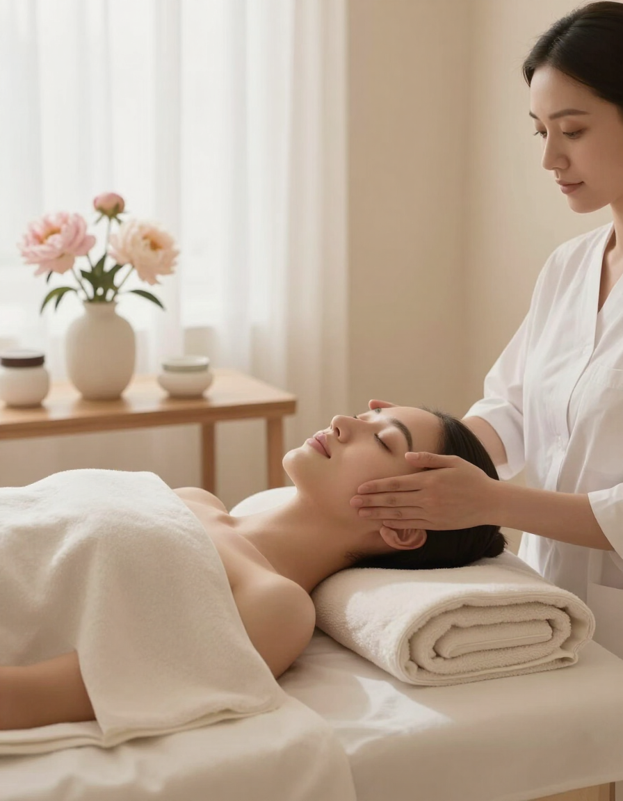 Client receiving a facial rejuvenation treatment in a serene spa room