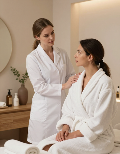 Esthetician consulting with a client