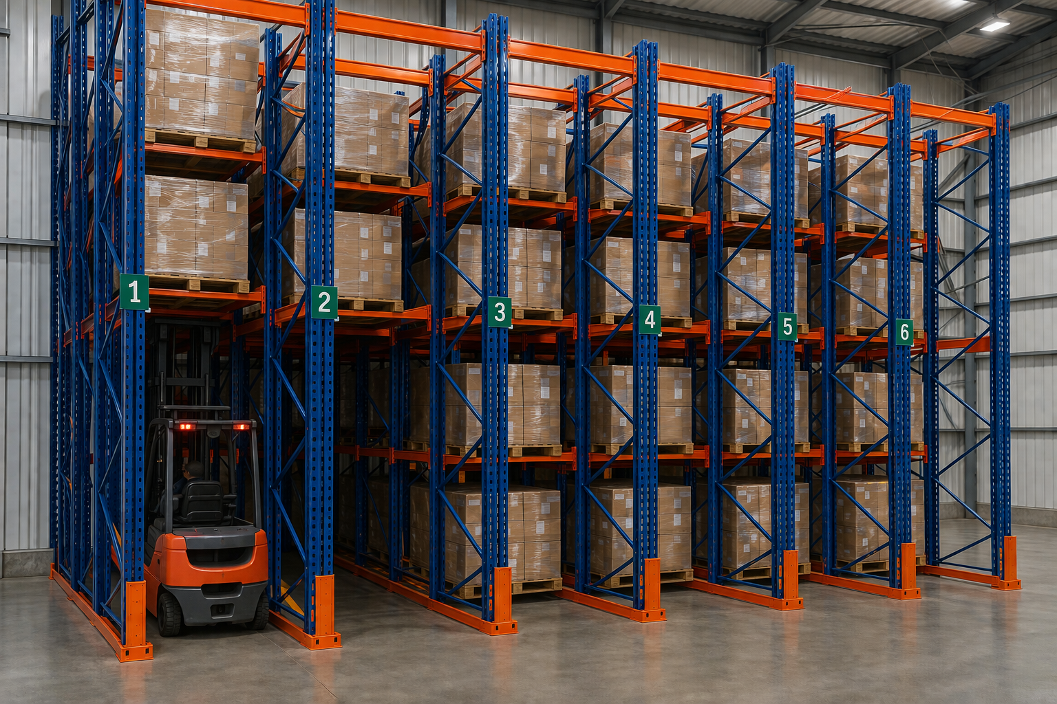 A large warehouse with a lot of orange shelves