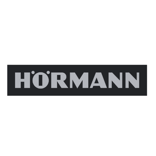 A black and white logo for hormann on a white background.